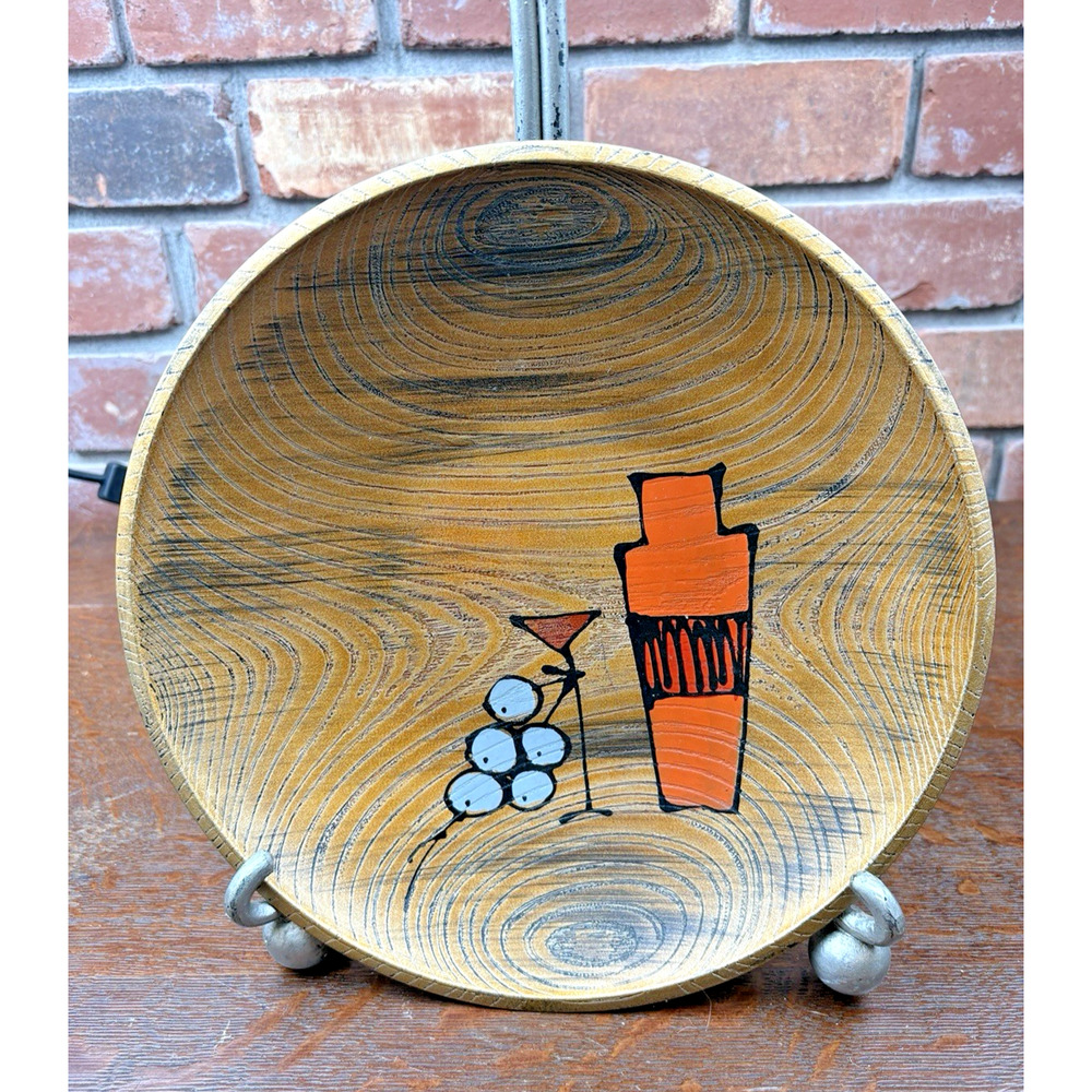 Vintage MCM Cocktail Plate with enamel back Martini shaker glass olives depicted